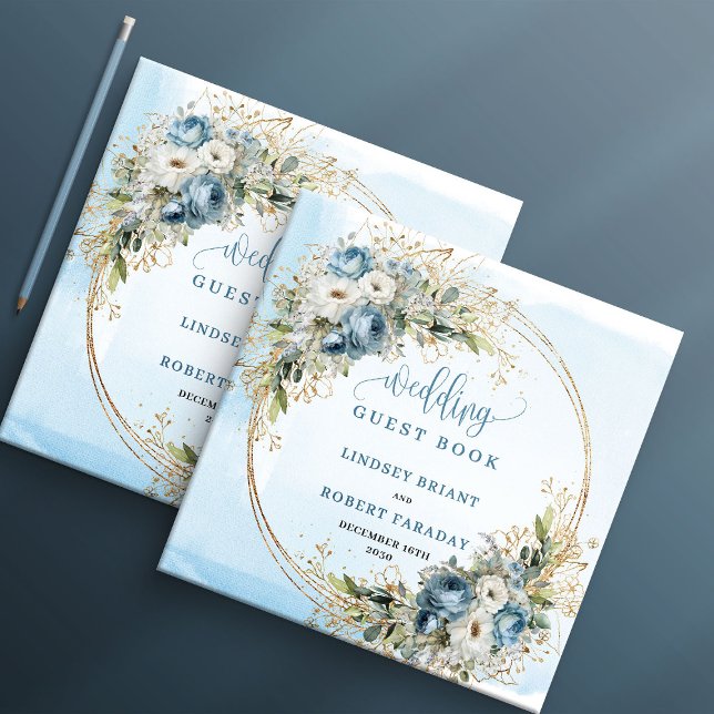 Livro De Visitas Blue Floral Eucalyptus Gold Wedding Sign In Book (Blue Floral Eucalyptus Gold Wedding Sign In Book)