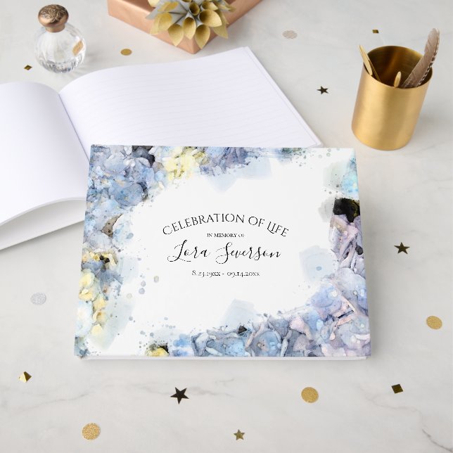 Livro De Visitas Blue Hydrangeas Celebration of Life Memorial (Frente aberta)