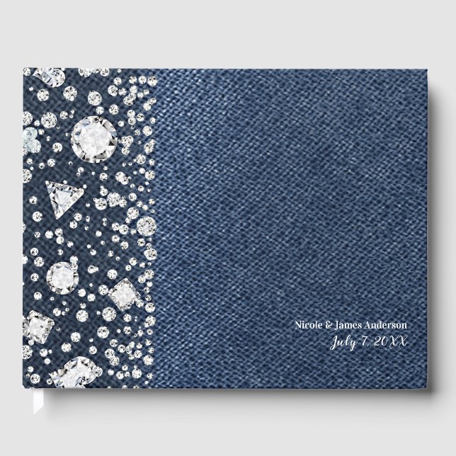 Livro De Visitas Blue Jean Denim e Diamantes Bling Casamento Diaman (Frente)