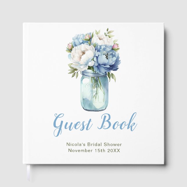 Livro De Visitas Blue Peonies Mason Jar Bridal Shower (Frente)
