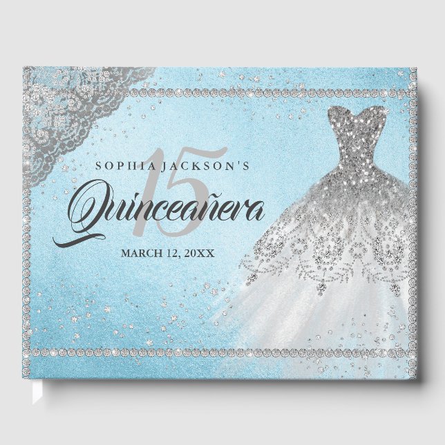 Livro De Visitas Blue Silver Diamond Sparkle Gown Quinceanera (Frente)