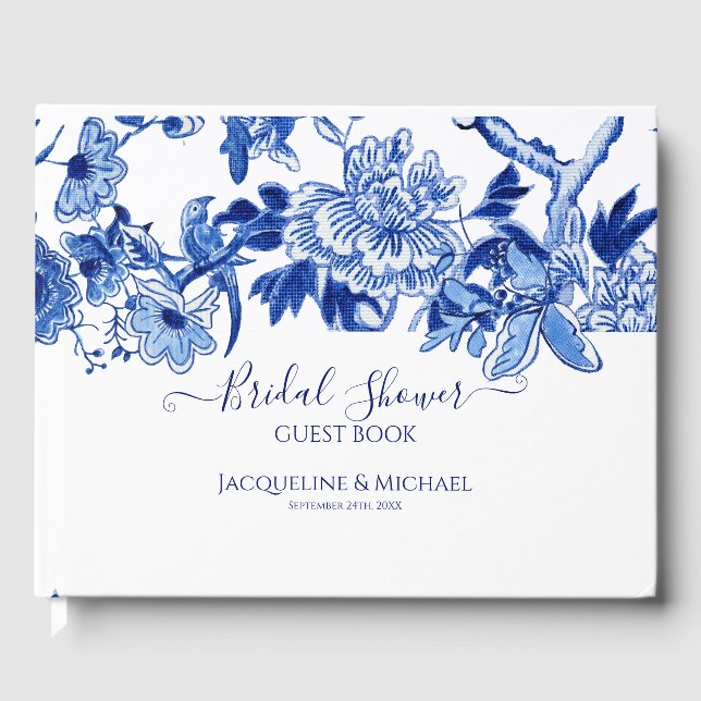 Livro De Visitas Blue White Birds Floral n Foliage Chá de panela (Frente)