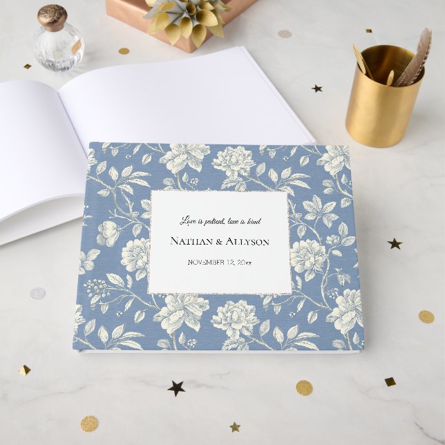 Livro De Visitas Blue White Ivory Flowers Wedding (Frente aberta)