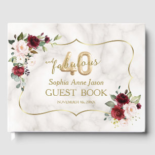 Livro De Visitas Blush Burgundy Floral Dourado 40 e aniversário fab