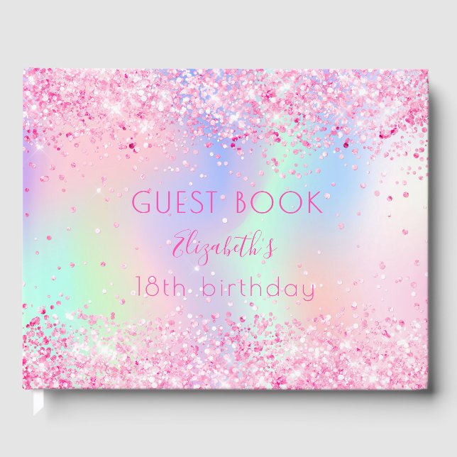 Livro De Visitas Blush de aniversário - holográfico de brilho cor-d (Frente)