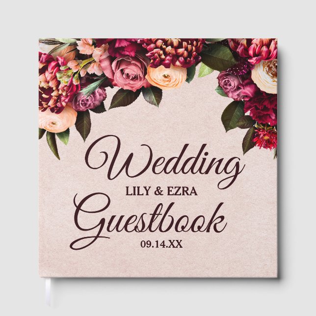 Livro De Visitas Blush e Burgundy Floral Hardcover (Frente)