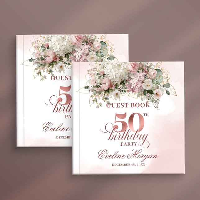 Livro De Visitas Blush Flowers Rose Gold Greenery 50th Birthday   (Blush Flowers Rose Gold Greenery 50th Birthday Party Guest Book

)