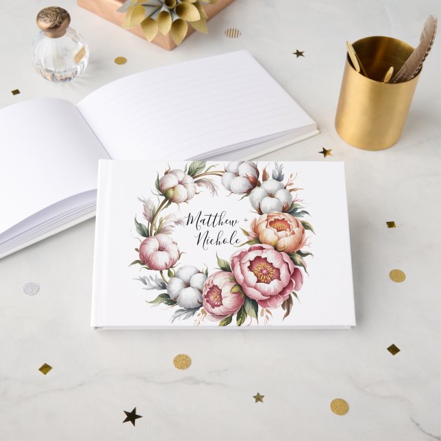 Livro De Visitas Blush Pink and White Cotton Wedding (Frente aberta)
