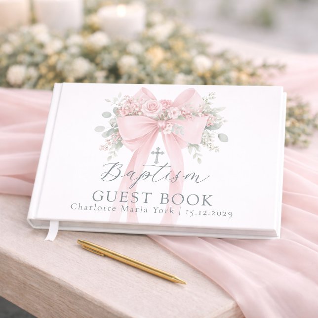 Livro De Visitas Blush Pink floral Bow Baby girl Baptism (Criador carregado)