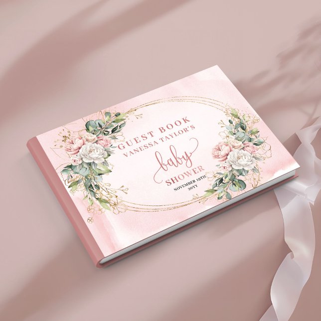 Livro De Visitas Blush Pink Floral Greenery Baby Girl Shower Sign (Blush Pink Floral Greenery Baby Girl Shower Guest Book)