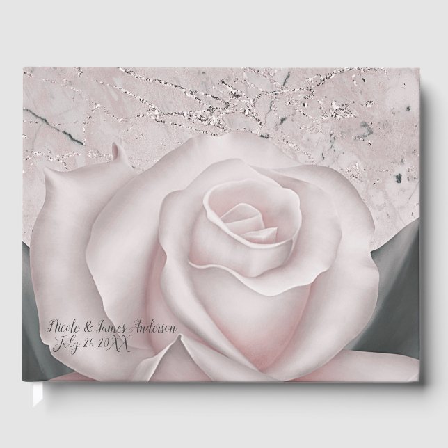 Livro De Visitas Blush White Rose Modern Marble Casamento Chic (Frente)