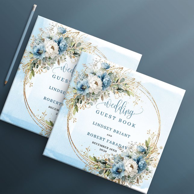 Livro De Visitas Bohemian Dusty Blue Floral Gold Glitter Wedding  (Bohemian Dusty Blue Floral Gold Glitter Wedding Book

)