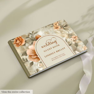 Livro De Visitas Boho Artístico Queimado Laranja Bege Oliva Floral