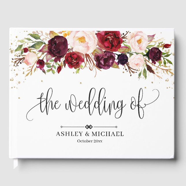 Livro De Visitas Boho Burgundy marsala esfrega o casamento floral r (Frente)