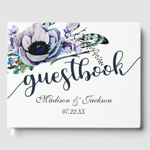 Livro De Visitas Boho Chic Mint & Marinho Floral Wedch Monograma