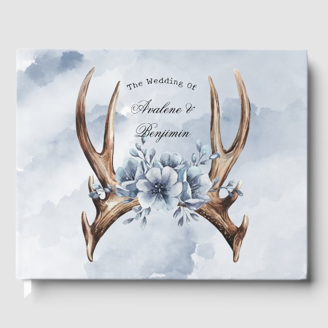 Livro De Visitas Boho Deer Antler com Casamento Floral Azul (Frente)