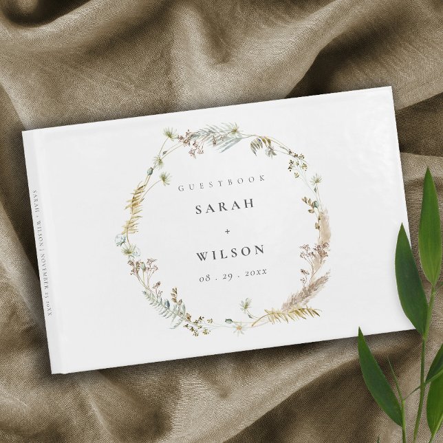 Livro De Visitas Boho Dry Palm Pampas Grass Floral Wreath Casamento (Criador carregado)