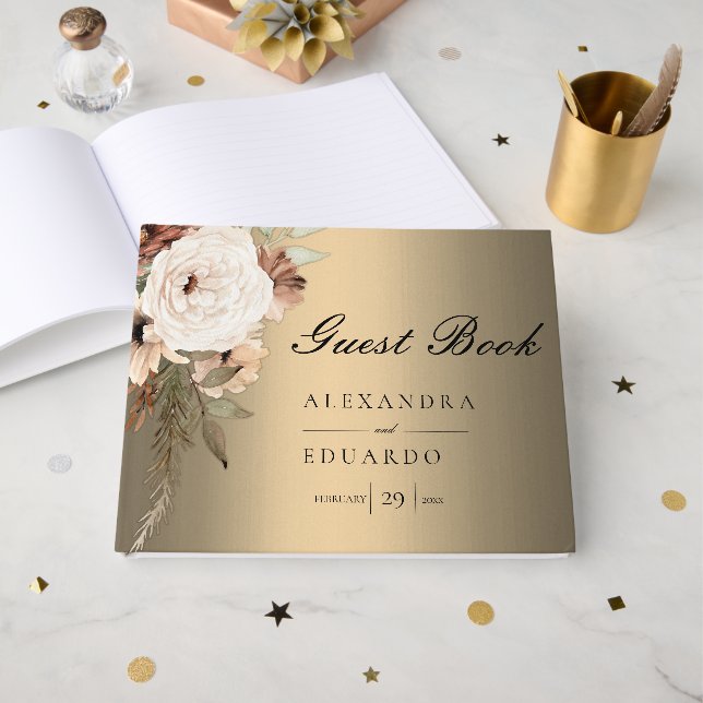 Livro De Visitas Boho Elegant Dourado e Wildflower Wedding (Frente aberta)