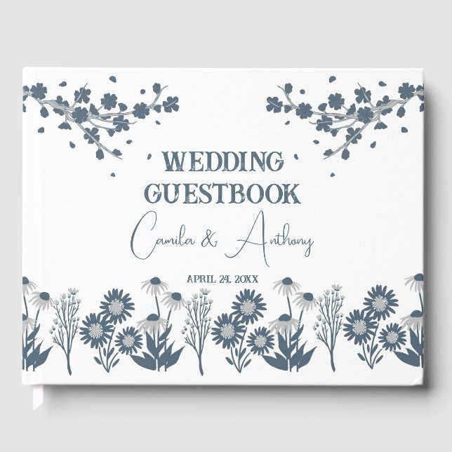 Livro De Visitas Boho Floral de Flor Azul (Frente)