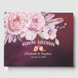 Livro De Visitas Boho Floral Feather Burgundy Red