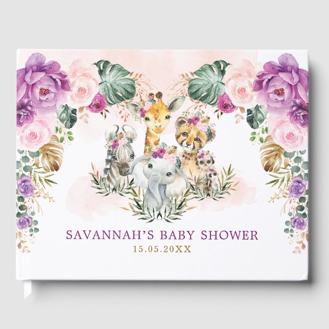 Livro De Visitas Boho Floral Selgle Safari Bela Bebê Animais Selvag (Frente)