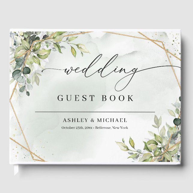 Livro De Visitas Boho greenery eucalyptus foliage gold casamento (Frente)