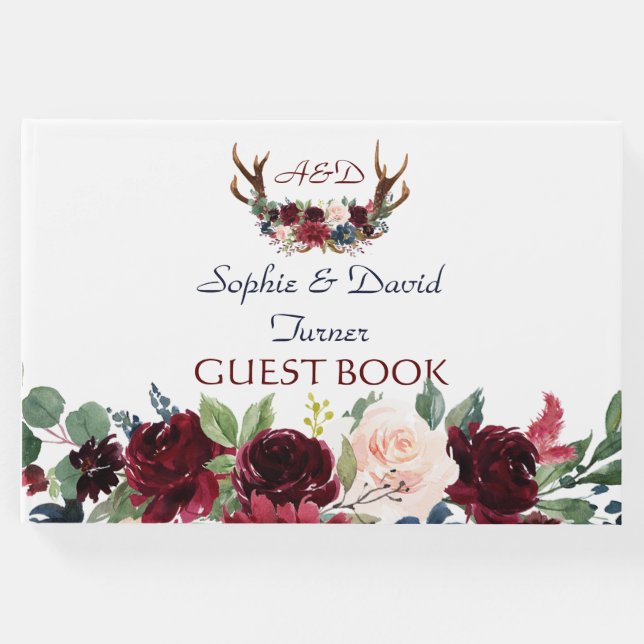Livro De Visitas Boho Merlot Marinho Blue Floral Antlers Casamento (Frente)