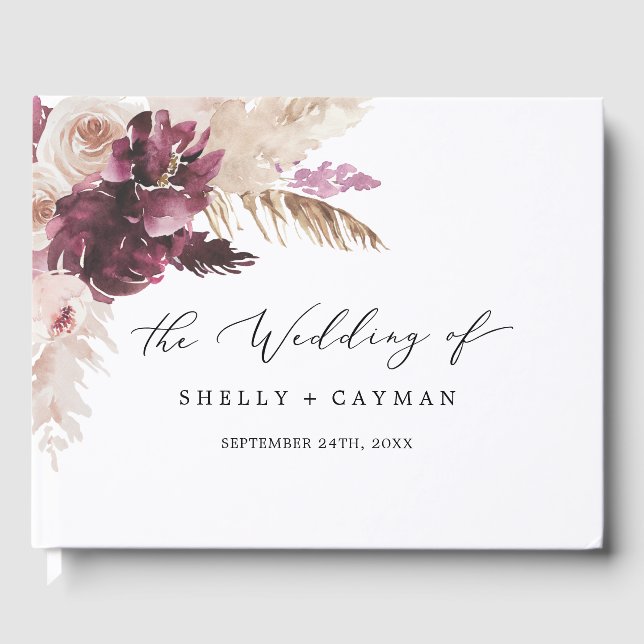 Livro De Visitas Boho Pampas Grass Monogramas Casamento Traseiro (Frente)