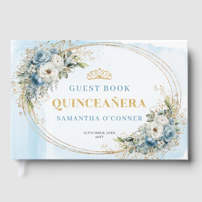 Livro De Visitas Boho Quinceañera Dusty Blue Gold Eucalyptus  (Frente)