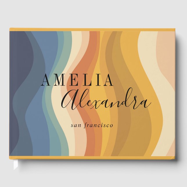 Livro De Visitas Boho Retro Script Abstrato Wavy Lines Amarelo (Frente)