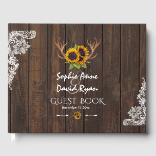 Livro De Visitas Boho Sunflower Antlers Wood Lace Casamento