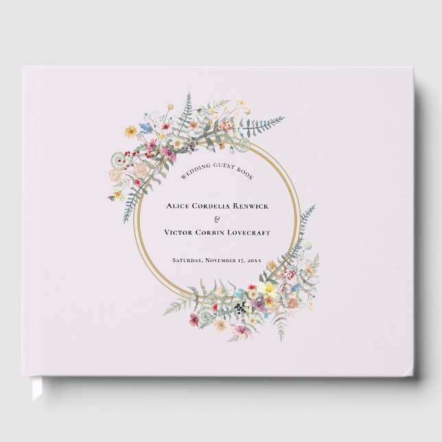 Livro De Visitas Boho Wildflower Fern Casamento de Lavanda (Frente)