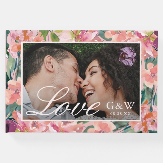 Livro De Visitas Bonito Rosa com Casamento Fotográfico Floral (Frente)