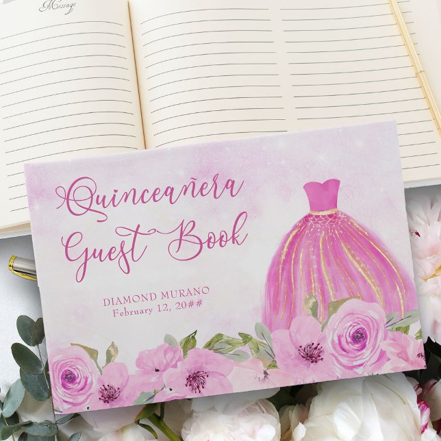 Livro De Visitas Bonito Rosa Floral e Dourada Princesa Quinceanera (Quinceanera Guest Book from my Galaxy Floral Princess Quinceanera collection
)