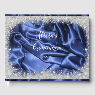 Livro De Visitas Bonito Silver Glitter e Blue Satin Quinceanera