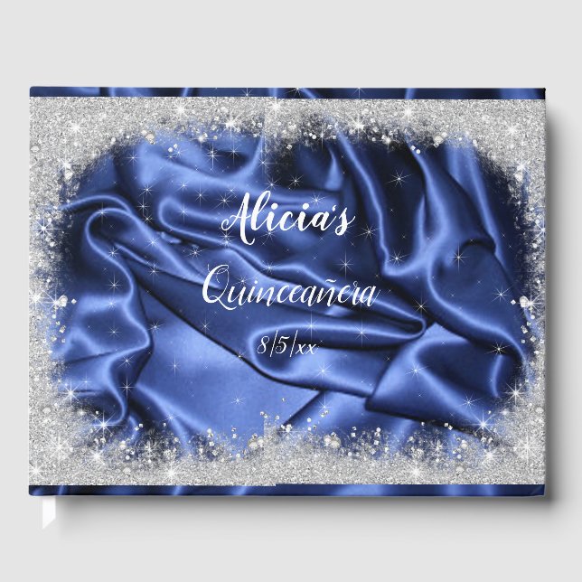 Livro De Visitas Bonito Silver Glitter e Blue Satin Quinceanera (Frente)