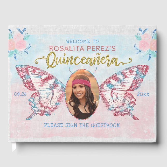Livro De Visitas Borboleta com Photo Quinceanera Sweet 15 Aniversár (Frente)