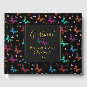 Livro De Visitas Borboletas coloridas elegantes no casamento preto