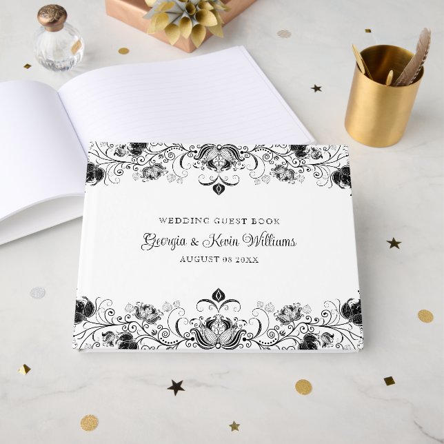 Livro De Visitas Borda floral preta em branco (Frente aberta)