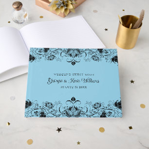 Livro De Visitas Borda floral preta sobre fundo azul claro