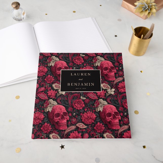 Livro De Visitas Bordeaux Gothic Paisley Wedding (Frente aberta)