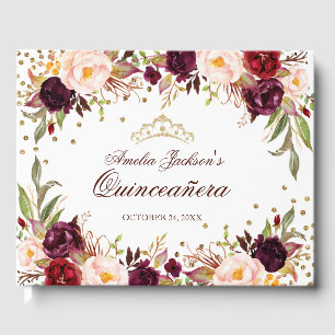 Livro De Visitas Borgonha Dourado elegante Quinceanera floral