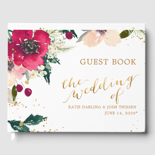 Livro De Visitas Borgonha e Dourado | Fall Rustic Wedding Floral Fa (Frente)