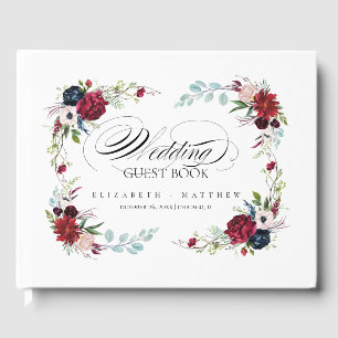 Livro De Visitas Borgonha Marinho Azul Floral Watercolor Casamento