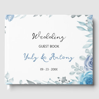 Livro De Visitas Botânico Floral em Aquarela Azul Cinza Empoeirado