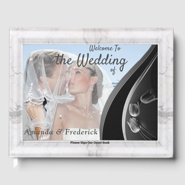 Livro De Visitas Branco moderno - Abstrato preto mármore (Frente)