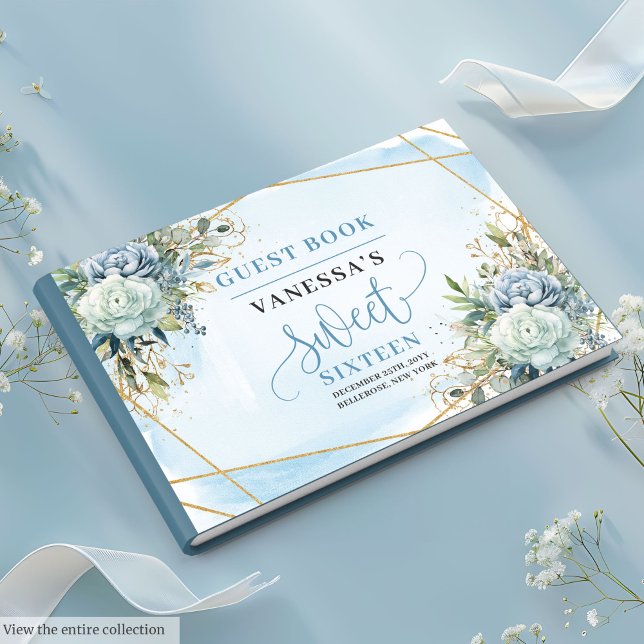 Livro De Visitas Brancos Brancos Azuis Glamorosos Doce Dezesseis (Glamorous Dusty Blue White Peonies Sweet 16 Guest Book)