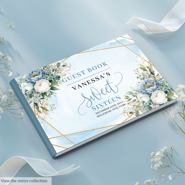 Livro De Visitas Brancos Brancos Azuis Glamorosos Doce Dezesseis (Glamorous Dusty Blue White Peonies Sweet Sixteen Guest Book)