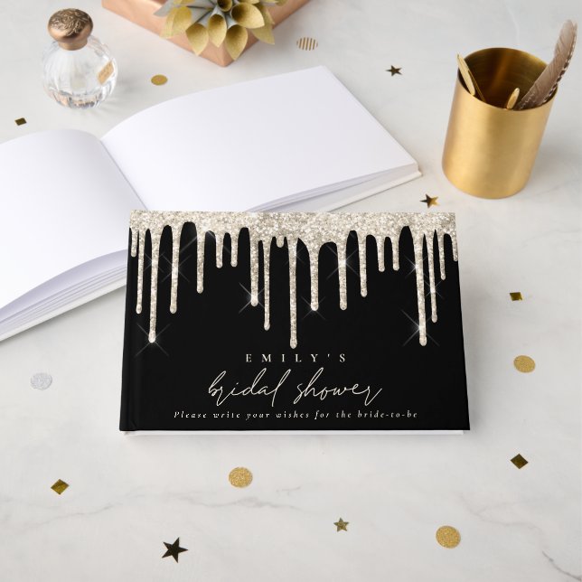 Livro De Visitas Brilho Drip Cream Script Chá de Noiva Preto (Frente aberta)