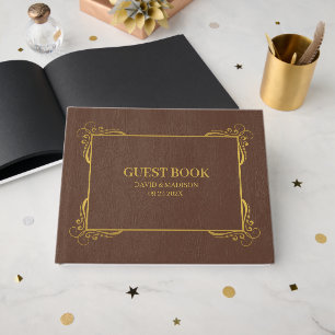 Livro De Visitas Brown Faux Leather Dourado Quadro Guiar
